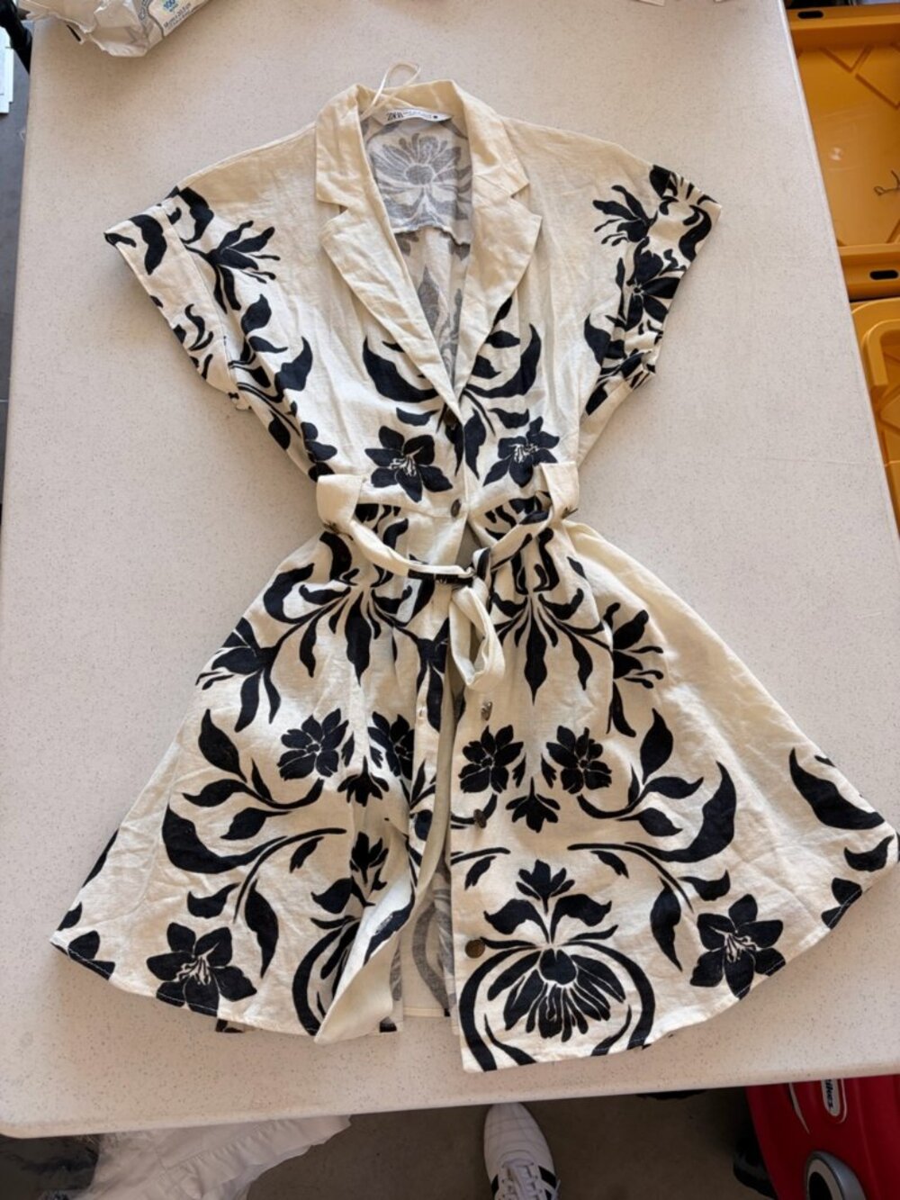 Zara Linen Blend Belted Printed Dress Black White Ecru Flora